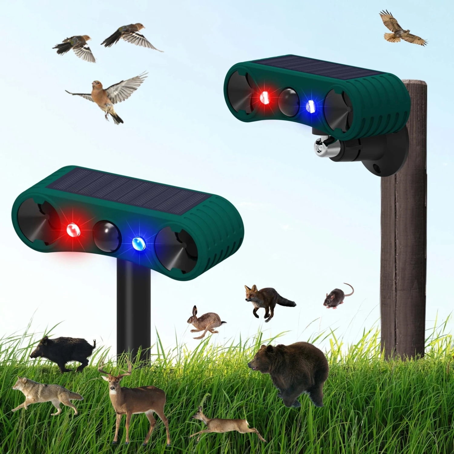 2-Pack Solar Ultrasonic Animal Repeller with Motion Sensor, 130dB Siren & Strobe Lights, 4 Modes, IP55 Waterproof for Outdoor – Deters Deer, Raccoons, Cats, Dogs, Squirrels from Yard, Garden, Farm