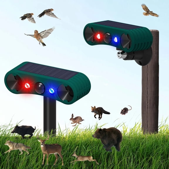 2-Pack Solar Ultrasonic Animal Repeller with Motion Sensor, 130dB Siren & Strobe Lights, 4 Modes, IP55 Waterproof for Outdoor  Deters Deer, Raccoons, Cats, Dogs, Squirrels from Yard, Garden, Farm
