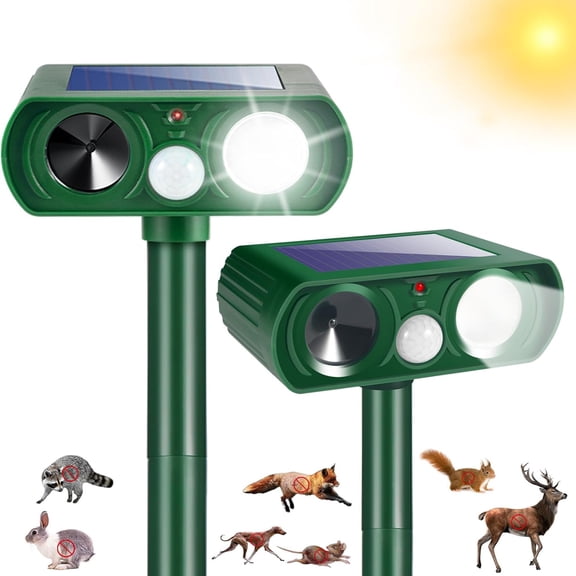 2Pack Solar Ultrasonic Animal Repeller with Motion Sensor & Strobe Light, Waterproof Outdoor Pest Deterrent for Deer, Cats, Rabbits, Squirrels, Raccoons Protect Garden, Yard, Lawn