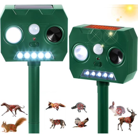 2-Pack Solar Ultrasonic Animal Repeller Outdoor with PIR Motion Sensor & LED Flash, Waterproof Deterrent for Cats, Dogs, Squirrels, Raccoons, Deer, Birds – for Garden, Yard, Farm