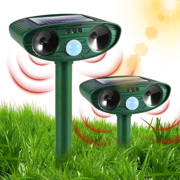 2-Pack Solar Ultrasonic Animal Repeller Outdoor with Strobe Light, Motion Sensor Deterrent for Deer, Cats, Rabbits, Raccoons, Squirrels, Skunks – IP44 Waterproof for Garden, Yard, Farm