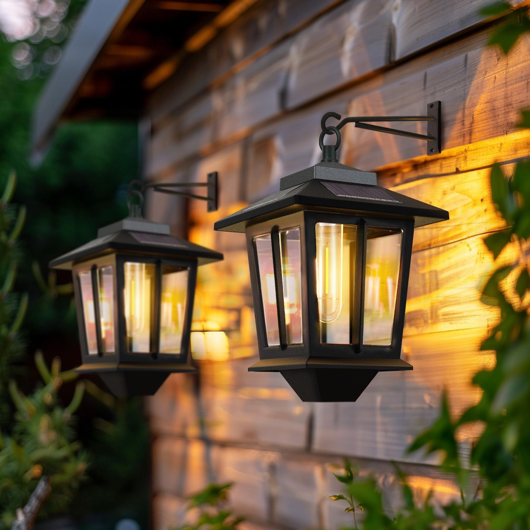 2 Pack Solar Wall EC36 Lanterns, Aluminum Outdoor Hanging Solar Lights with 4 Solar Panels, Dusk to Dawn Led Outdoor Wall Sconce, Anti-Rust Waterproof Wall Lanterns with Hooks, 3000K Warm White