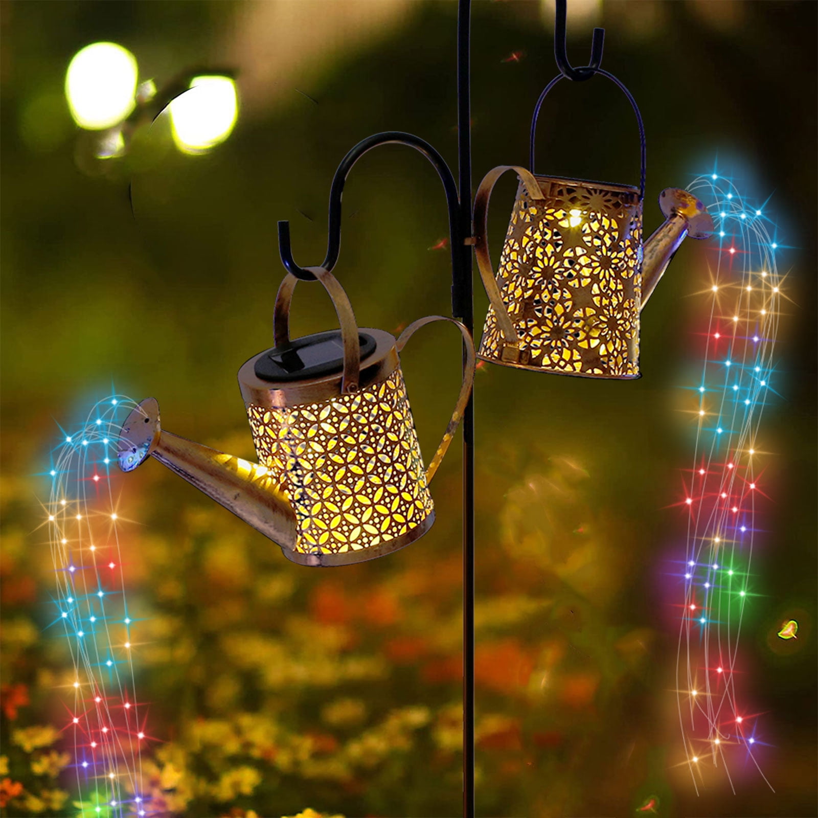 2 Pack Solar Watering Can with Cascading Lights,Metal Retro Waterproof