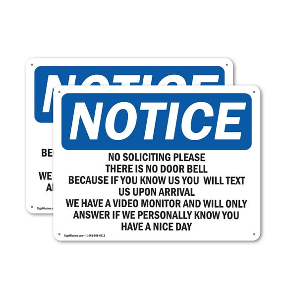 (2 Pack) No Soliciting Please There Is No Door Bell OSHA Notice Sign 24 Inch X 18 Inch Plastic Sign, Weather Resistant, UV Protected for Workplace, Business, and Construction Site, Made