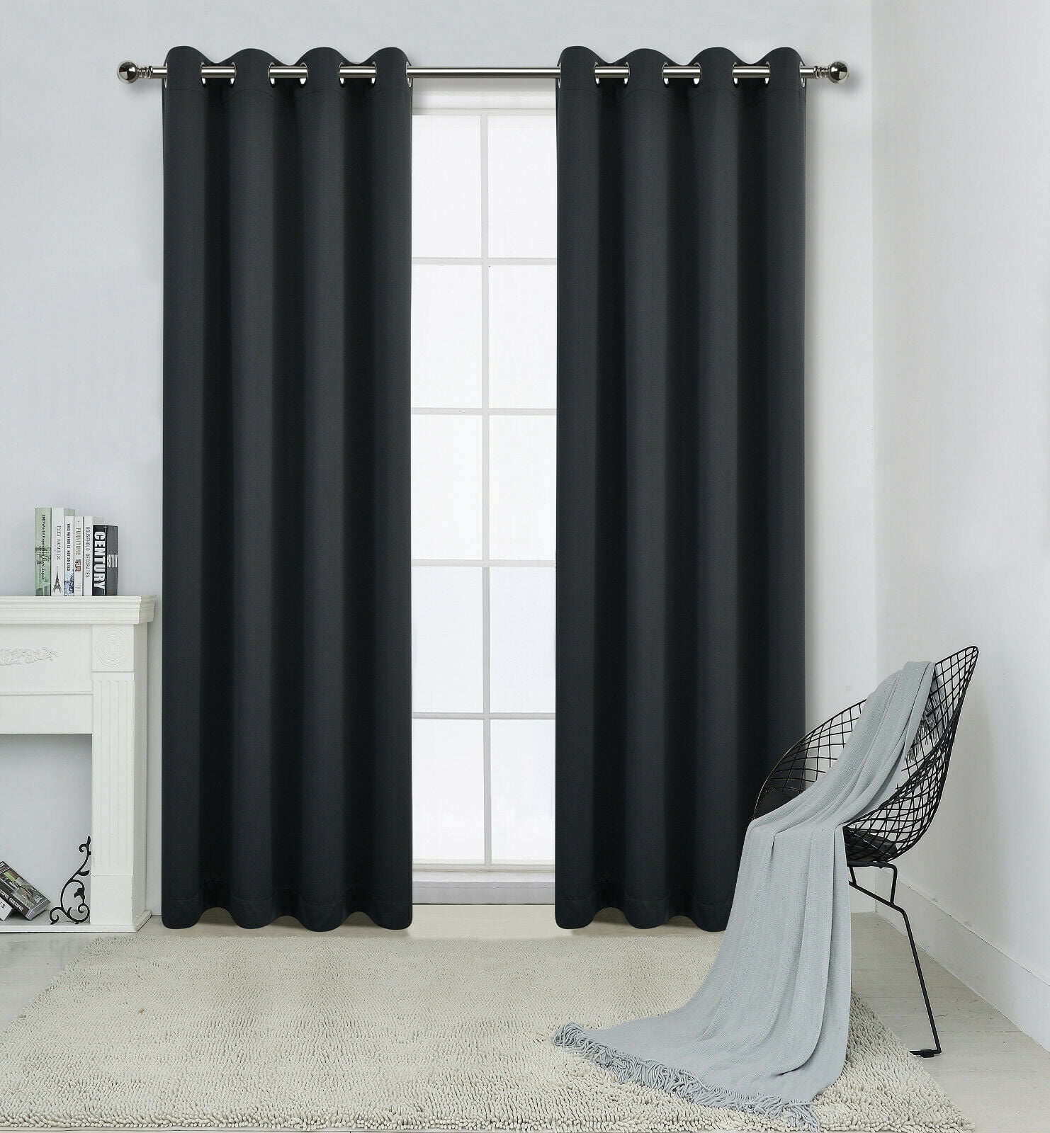 2 Pack: Solid Colored 100% Energy Saving Hotel Max Blackout Thermal Curtain Panels - Black, 84 in. Long