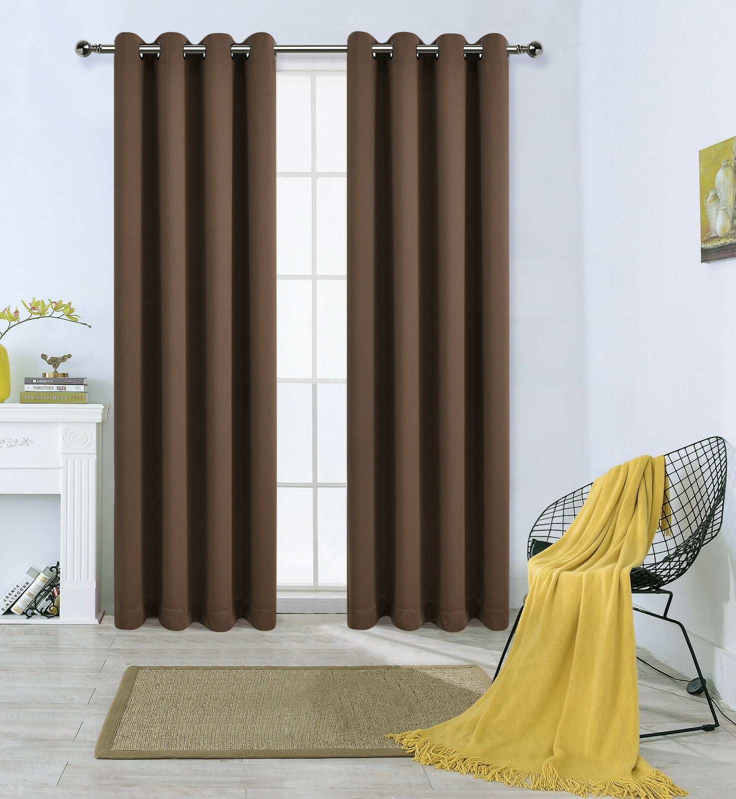 2 Pack: Solid Colored 100% Energy Saving Hotel Max Blackout Thermal Curtain Panels - Brown, 95 in. Long