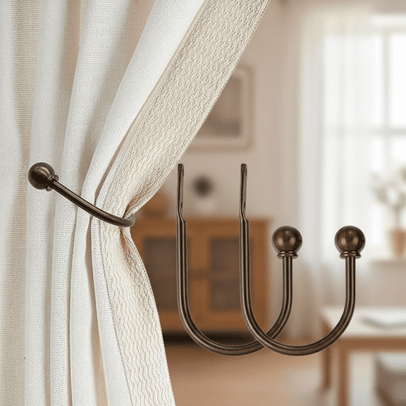 2-Pack Solid Steel Curtain Tiebacks with Decorative French Ball Ends, Antique Bronze Finish, Wall-Mounted Drapery Holdbacks for Living Room, Bedroom, and Window Decor