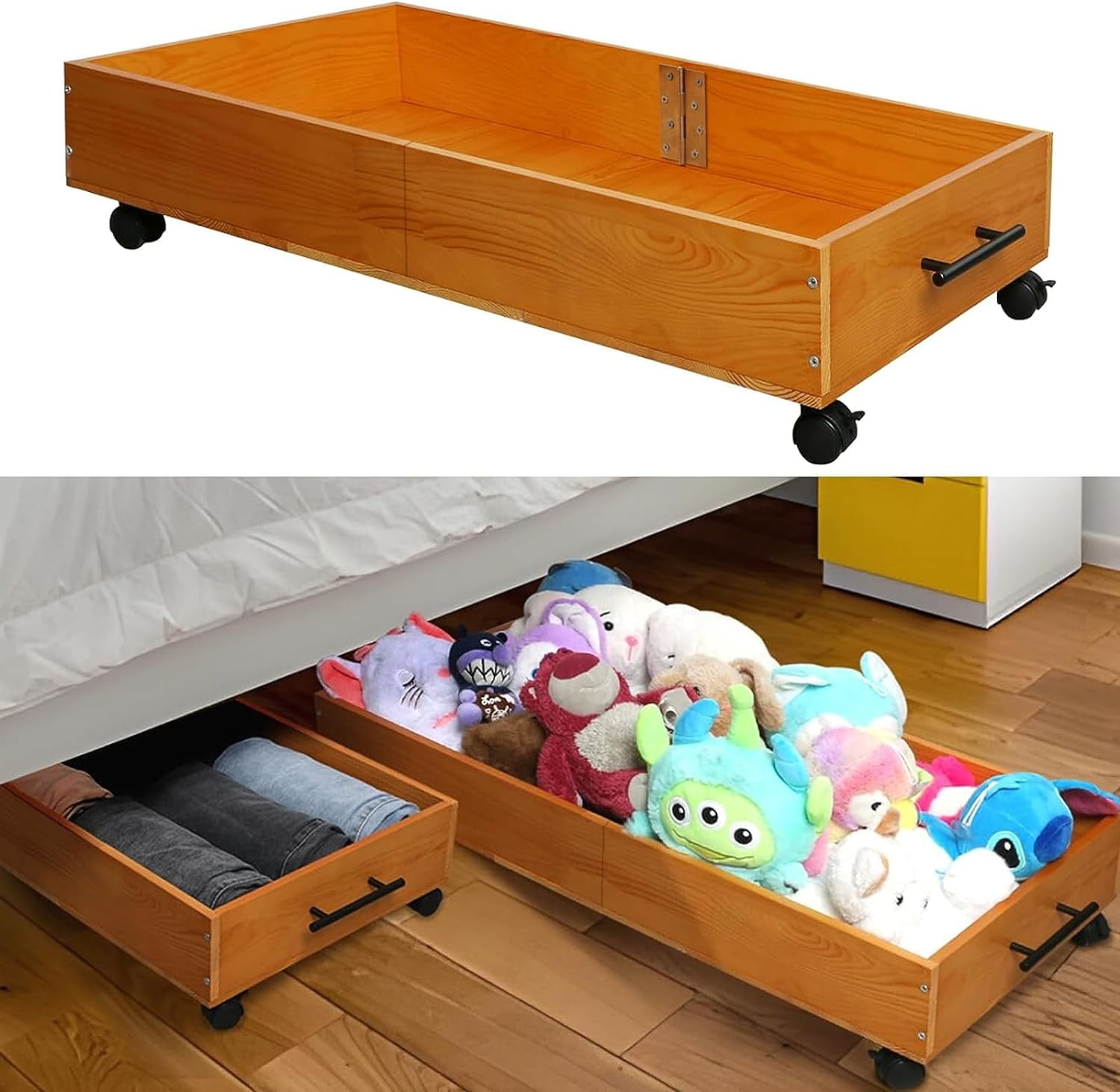2Pack Solid Wood Under Bed Storage with Wheels, Underbed Drawers