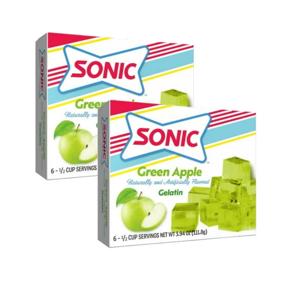 (2 Pack) Sonic Green Apple Gelatin Mix, 6 Servings, 3.94 oz Cardboard Box