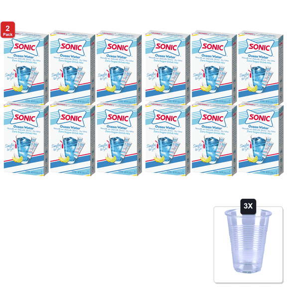2 Pack | Sonic Singles To Go Powdered Drink Mix, Ocean Water, 6 Sticks Per Box, 6 Boxes Included (36 Sticks Total) & 3x 16oz Plastic Cup with Strawless Sip-Lid