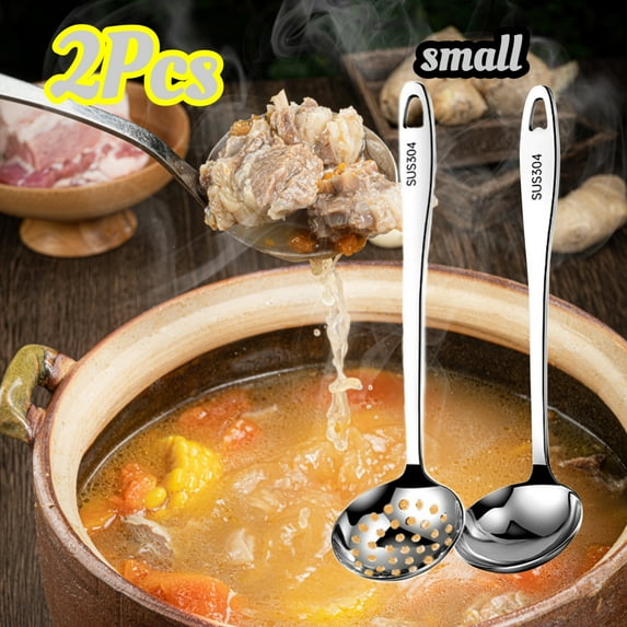 2-Pack Soup Ladle Stainless Steel Large,Soup Slotted Serving Spoon Stainless Steel Colander Spoon for Buffet, Dinner, Restaurants, Kichen-Small (Slotted Spoon&Soup Ladle)