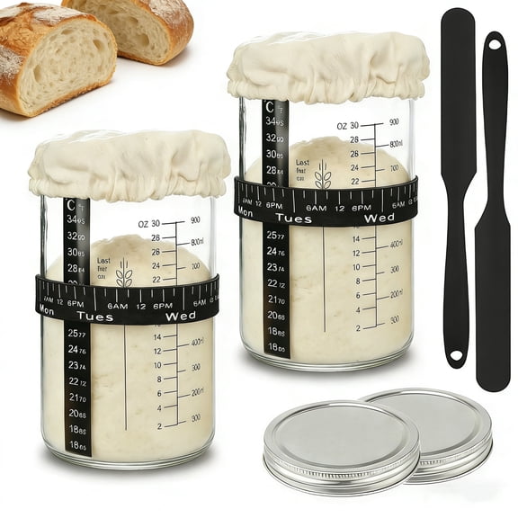(2 Pack) Sourdough Starter Jar Kit - 34oz Large Capacity Glass Fermentation Jar with Marked Feeding Band, Thermometer, Scraper, Cloth Cover & aluminum metal lid