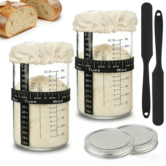 (2 Pack) Sourdough Starter Jar Kit - 34oz Large Capacity Glass Fermentation Jar with Marked Feeding Band, Thermometer, Scraper, Cloth Cover & aluminum metal lid