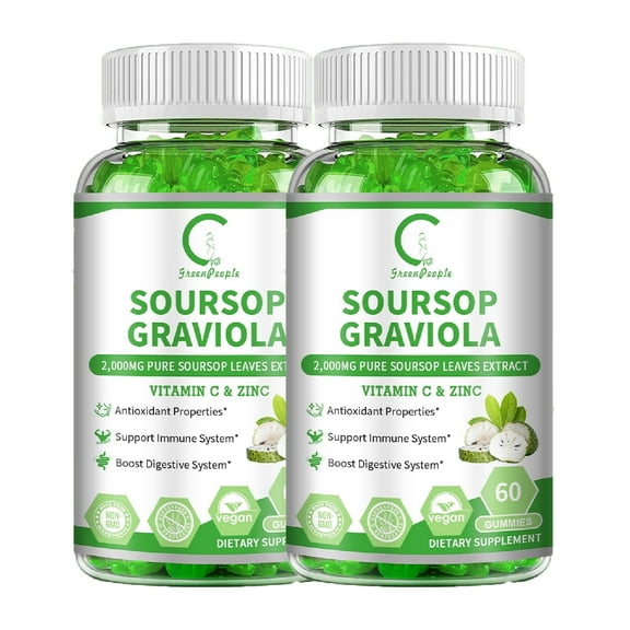 (2 Pack)Soursop Graviola Gummies, 2000mg Organic Soursop Leaves and Seeds Extract with Vitamin C, Zinc, Digestive Aid, Immune Support and Antioxidant Properties, 60 Gummies