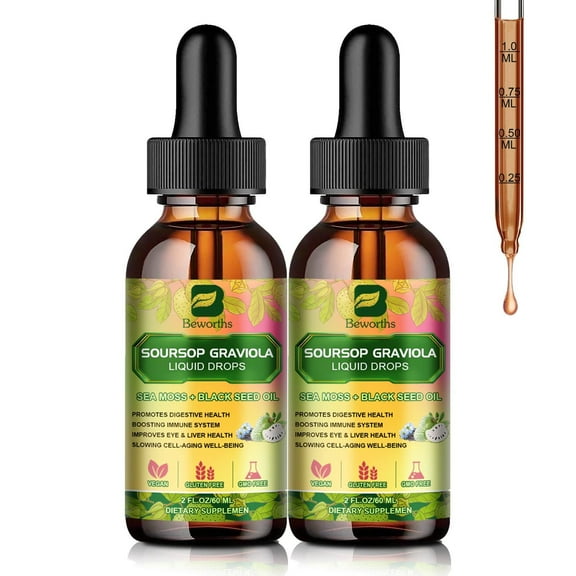 (2 Pack)Soursop Graviola Liquid Drop, with Sea Moss & Balckseed oil, for Cell Support & Regeneration, Immune, Relax, Liver, Gut & Antioxidant Support, 2 fl oz