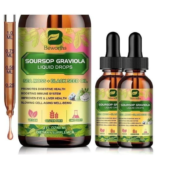 (2 Pack)Soursop Graviola Liquid Drop,With Balckseed oil, for Cell Support & Regeneration, Immune Boost, Relax, Liver and Sleep, Guanabana Drop 2 Fl Oz ﻿