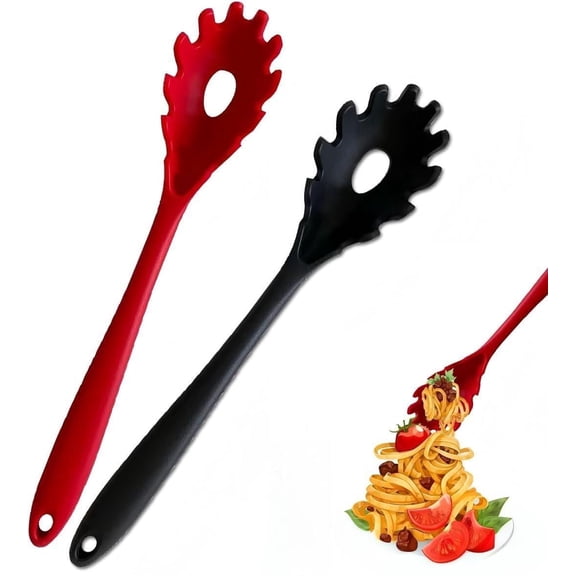 2 Pack Spaghetti Spoon, Silicone Pasta Fork Pasta Fork High Heat Resistant 480°F Hygienic Spaghetti Server Food Grade Pasta Spoons Free Noodle Spoon (Red Black)