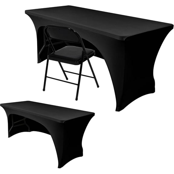 2 Pack Spandex Fitted Black Tablecloth for 4 Foot Tables-Open Back Folding Table Cover Washable Fabric Stretch, Tight and Wrinkle Resistant Table Protector for Trade Show, Craft Show, Events