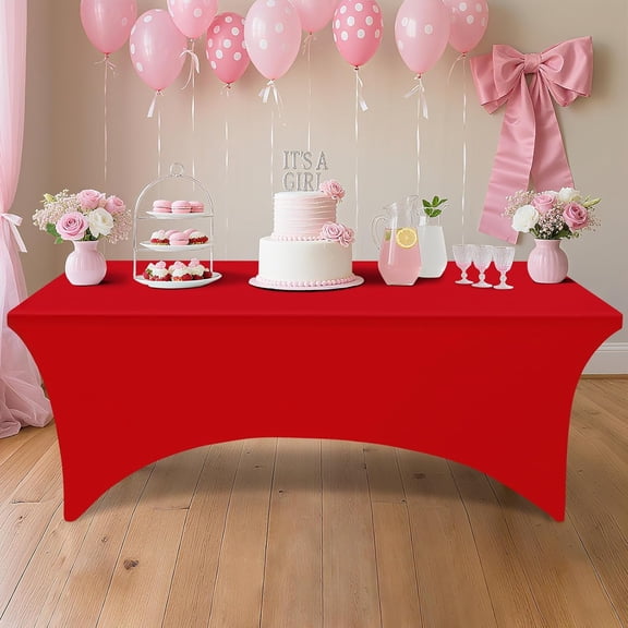 2 Pack Spandex Table Cloth 8FT, Elastic Fitted Stretch Tablecloths, Washable and Wrinkle Free Rectangular Table Cover for Christmas, Wedding, Banquet & Parties (Red, 96Lx30Wx30H Inch)