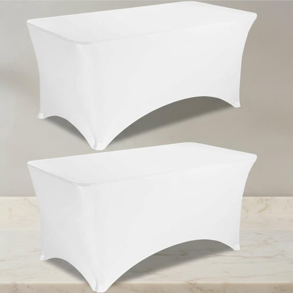 2 Pack Spandex Table Covers Washable Wrinkle Resistant Stretch Fitted Rectangle Tablecloth for Folding Table Wedding Party Banquet Bar Events (White)