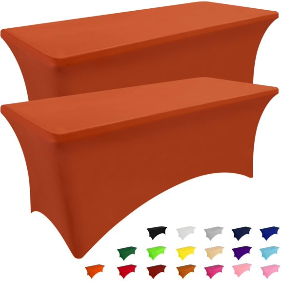2 Pack Spandex Tablecloth 8FT, Elastic Fitted Stretch Washable Wrinkle Free Rectangular Patio Table Cover for Outdoor Wedding Banquet Party, Rust, 96Lx30Wx30H Inch