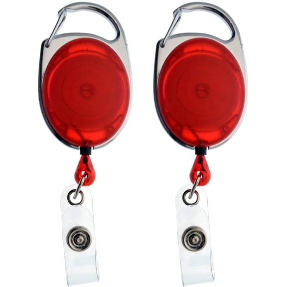 2 Pack - Specialist ID Premium Retractable Badge Reels with Carabiner Belt Loop Clip and ID Holder Strap - Cute Heavy Duty Oval Shaped Badge Holders with Smooth Cord Pull by Specialist ID (Red)