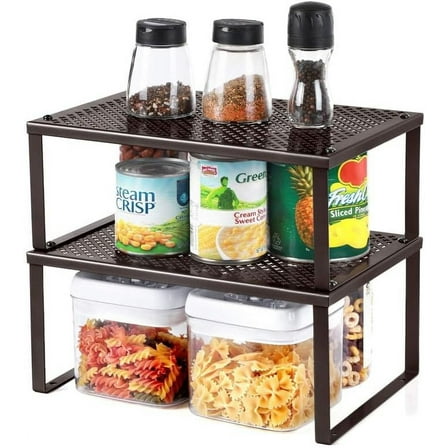 2 Pack Spice Rack, Cabinet Shelf Organizers, Shelf Organizer, Countertop Organizer, Shelf Riser, Stackable, Expandable, Metal Kitchen Counter Shelves, Brown