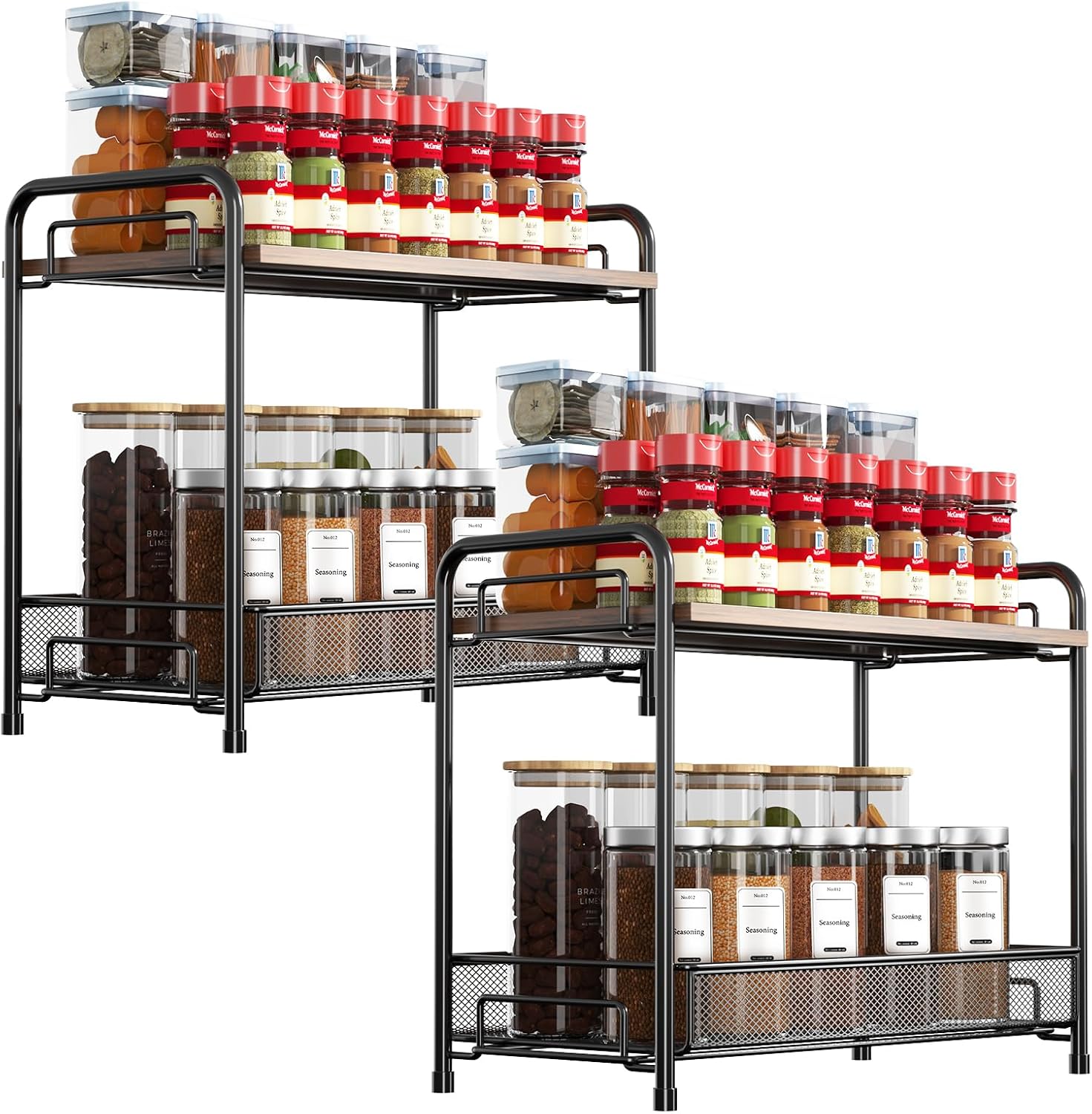2 Pack Spice Rack Organizer for Countertop with Wood Top, 2-Tier ...
