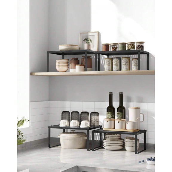 2 Pack Spice Rack - Stackable & Expandable Metal Kitchen Organizers, Cabinet Shelf Riser & Countertop Organizer, Silver