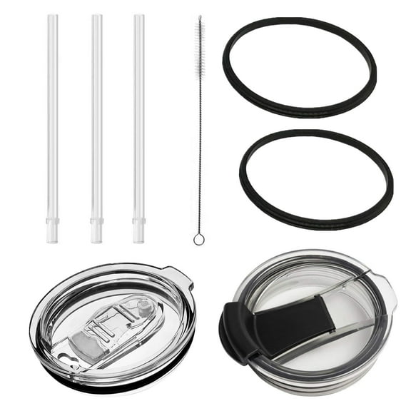 2 Pack Spill Proof and Splash Resistant Tumbler Lids with Two Sealed Rubber Ring and Three Plastic Straws 30 oz Replacement Lid