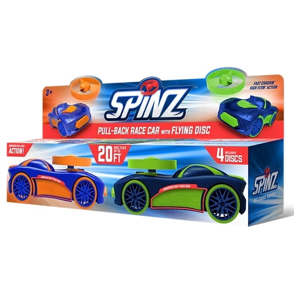 2 Pack Spinz Race Cars with Flying Disc Launchers, Pull Back Bumper Toy Racer, Kids, Boys, Girls Gift, Blue/Orange & Blue/Green Ages 3+