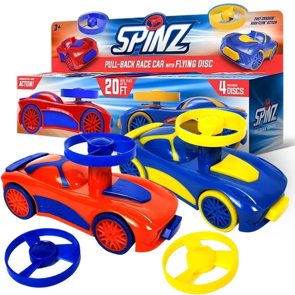 2 Pack Spinz Race Cars with Flying Disc Launchers, Pull Back Bumper Toy Racer, Kids, Boys, Girls Gift, Blue/Red & Blue/Yellow, Ages 3+