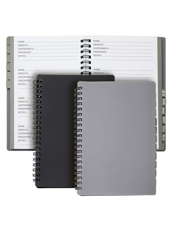 2-Pack Spiral Password Keeper Book with Alphabetical Tabs, Password Notebook for Internet and Computer Login, Username, Passwords for Home, Office, Gray/Black (80 Lined Pages, 5x7 in)
