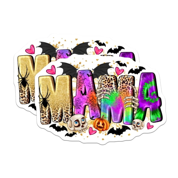 (2 Pack) Spooky Mama Stickers - Halloween Mom Decal - Leopard Print Rainbow Bat Skull Sticker - 5" On Longest Side - Sticks to Smooth Flat Surfaces - Made in USA - BMCS29771