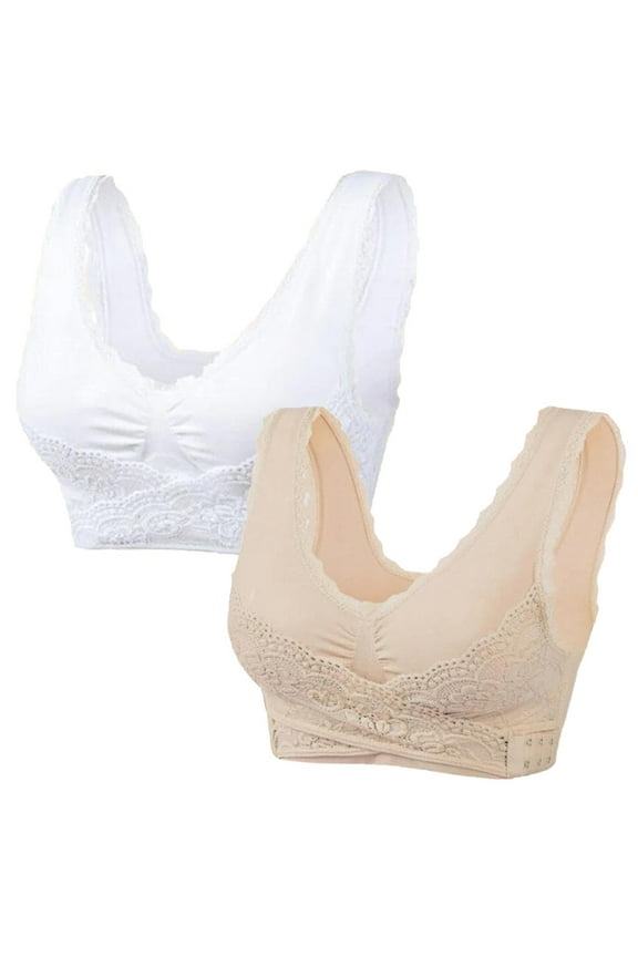 2 Pack Sports Bra Lace Trim Crossover Tank Bra Vest Breathable Comfortable Cotton Underwear for Women S-3X (Large, Beige)