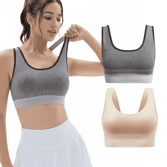 MLDRA 2 Pack Sports Bras for Women High Support Wirefree Padded Bras Supportive Workout Yoga Bras Workout Athletic Comfortable Tank Tops Light Gray & Skin