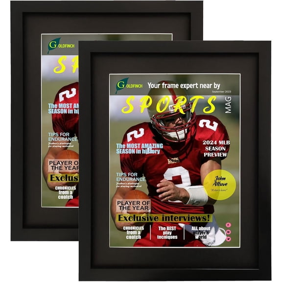 2 Pack Sports Magazine Frame, Fits 8.5x11.25 & 8.25x11,Black Mats | Deep frame moulding, built-in hangers & double mats. Fits two magazine sizes for sports magazine displays.