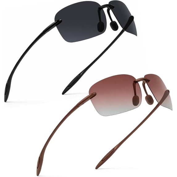 2 Pack Sports Polarized Sunglasses for Men Women, Rimless Frame Lightweight Sun Glasses with UV Protection for Driving Fishing Golf Running Surf