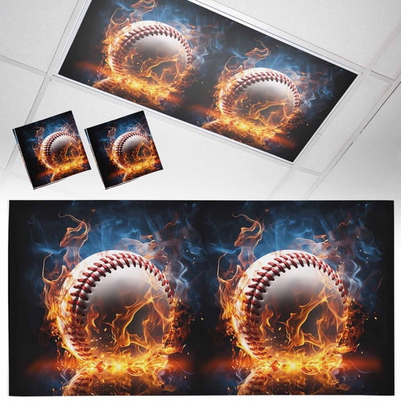 2 Pack Sports Theme Fluorescent Light Covers for Ceiling Lights Baseball on Fire Magnetic Ceiling Light Covers Overhead Light Filters for Office Classroom Home