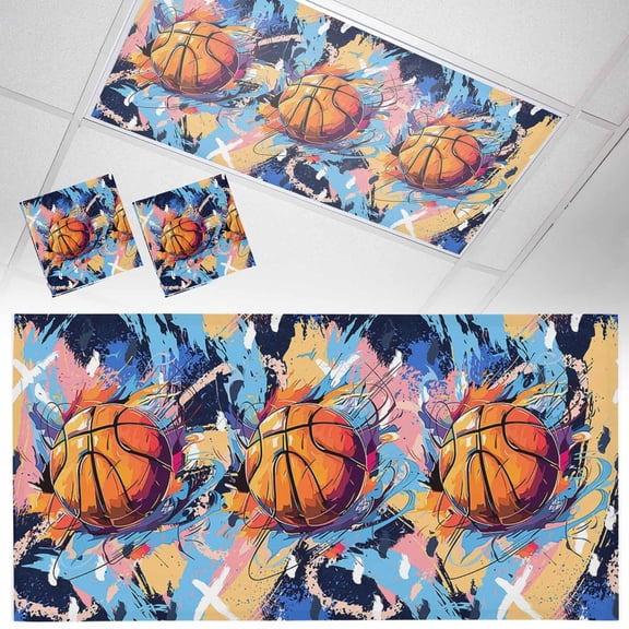 2 Pack Sports Theme Fluorescent Light Covers for Ceiling Lights Basketball Colorful Graffiti Magnetic Ceiling Light Covers Overhead Light Filters for Office Classroom Home