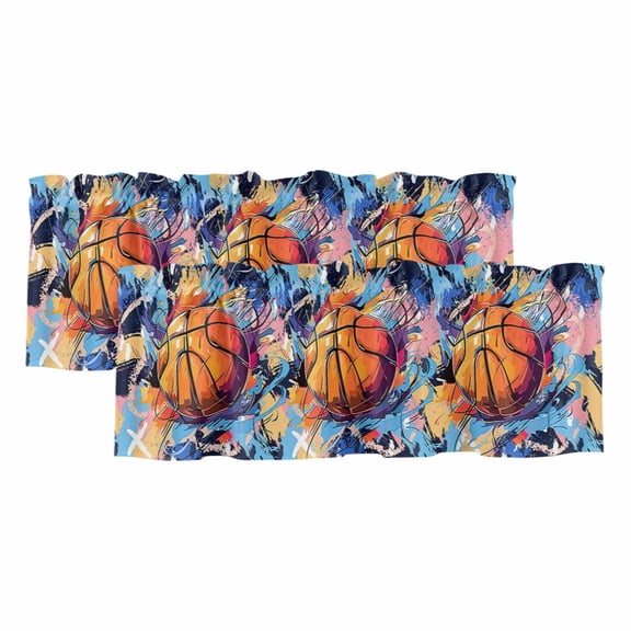 2 Pack Sports Theme Valance for Window Basketball Colorful Graffiti Kitchen Valance Rod Pocket Short Curtain Topper Decorative Window Treatment for Living Room Bedroom 42"x18"