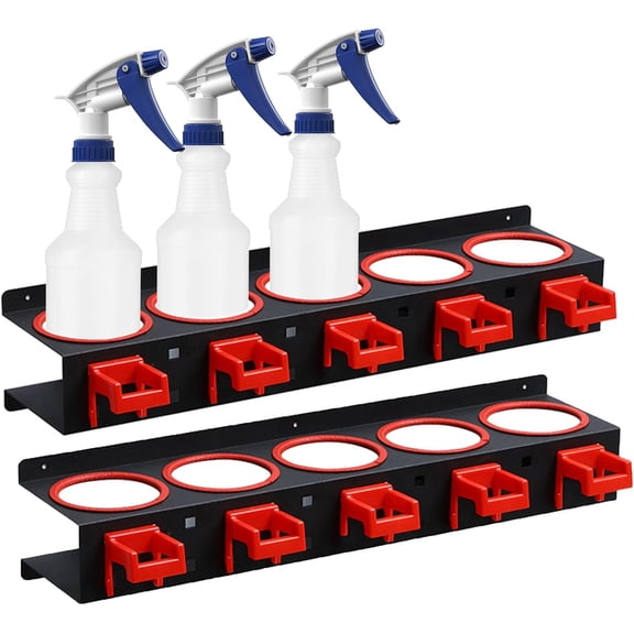 2 Pack Spray Bottle Storage Holder, Wall-Mounted Spray Bottle Rack, Garage Organizer Hanging Rail Car Beauty Shop Accessory Display Cleaning Detailing Tools Hanger with 5 Plastic Hanging Hooks