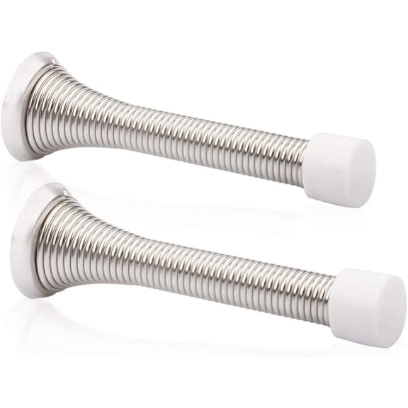 2 Pack Spring Door Stopper Brushed Satin Nickel- 3-1/4" Flexible Stops with White Rubber Bumper Tips