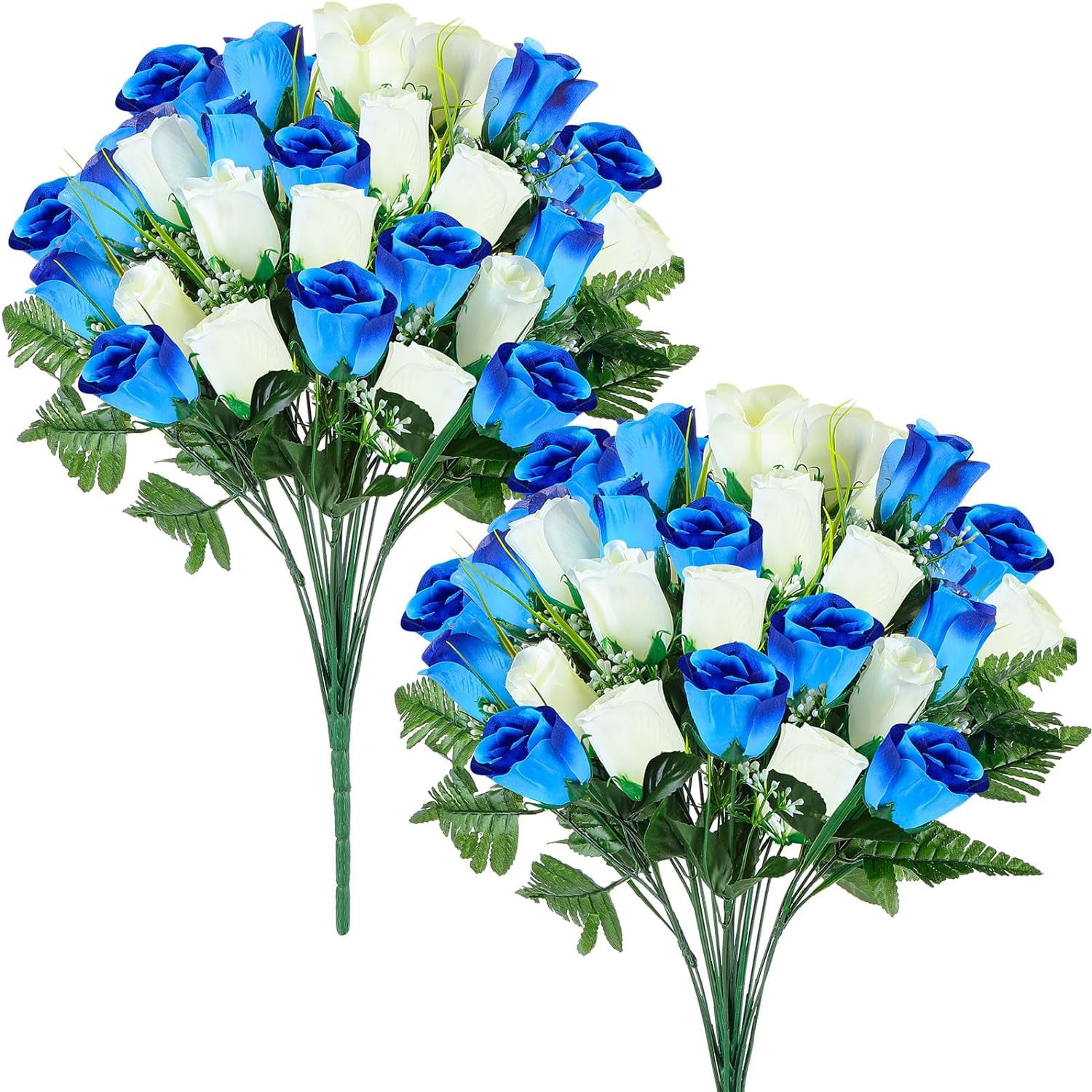 2 Pack Spring Easter Cemetery Flowers with Grave Vase 48 Heads Memorial Day Artificial Rose Fake Silk Flower Bouquet Easter Grave Flowers for Cemetery Graveside(Yellow)