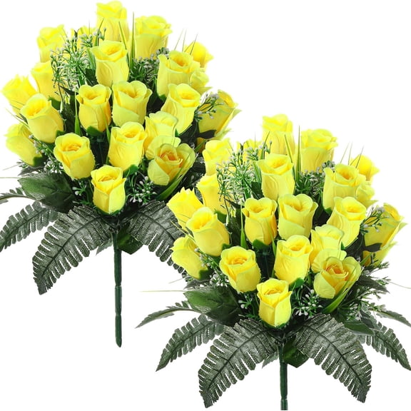 2 Pack Spring Easter Cemetery Flowers with Grave Vase 48 Heads Memorial Day Artificial Rose Fake Silk Flower Bouquet Easter Grave Flowers for Cemetery Graveside(Yellow)