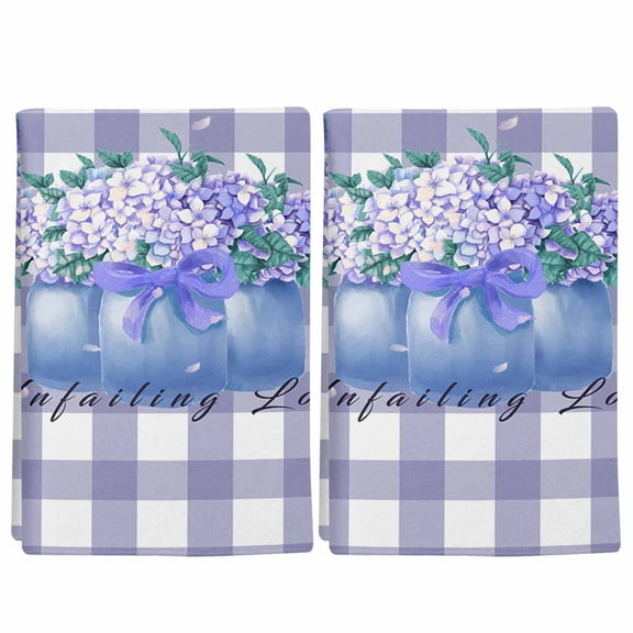 2 Pack Spring Florals Kitchen Towels Hydrangea Purple Buffalo Plaid Decorative Dish Towel Sets Absorbent Quick Dry Hand Cloths Tea Towels for Cooking Baking Farmhouse Gifts 18x28in