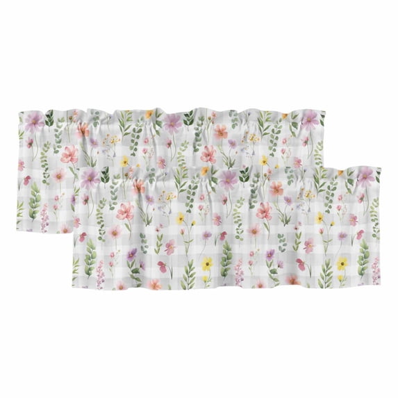 2 Pack Spring Summer Flower Valance for Window Eucalyptus Leaves Countryside Plaid Kitchen Valance Rod Pocket Short Curtain Topper Decorative Window Treatment for Living Room Bedroom 60"x18"