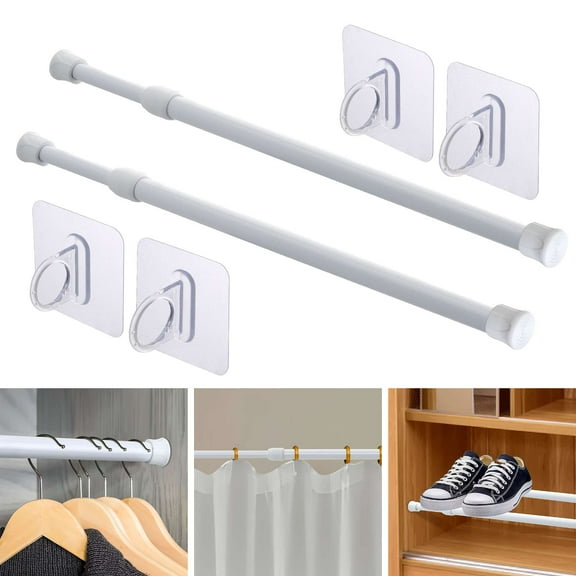 2 Pack Spring Tension Rods with 4Pcs Adhesive Hooks, 11.8"-19.7" Adjustable Short Curtain Rod for Bathroom Wardrobe Closet Windows