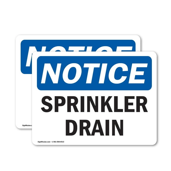 (2 Pack) Sprinkler Drain OSHA Notice Sign 18 Inch X 12 Inch Indoor / Outdoor Rust-Free Aluminum Metal Signs for Workplace, Workshop, and Construction Site, Made in the USA