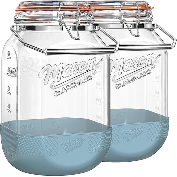 2 Pack Square 1 Gallon Glass Jar with Airtight Lid, Large Mason Jars Wide Mouth 128 Oz with Scale Marks & Handle, Glass Storage Containers with Anti-slip Base for Kitchen, Pantry, Laundry Room, Flour